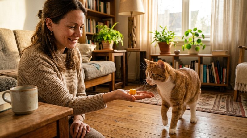 Una persona ofreciendo un diminuto cubito de mango en la palma de la mano a un gato curioso en un salón cálido y luminos
