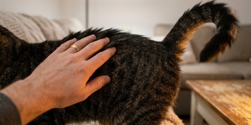Mano acariciando el lomo de un gato que empieza a levantar la cola