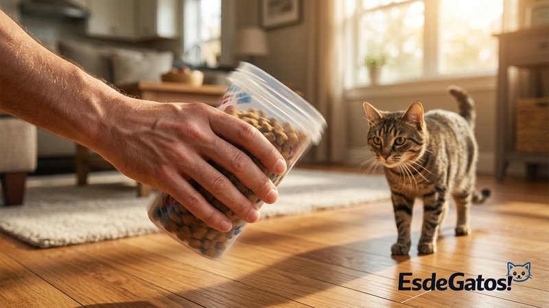 Una mano agitando un bote de premios para gatos, con un gato acercándose al oír el sonido