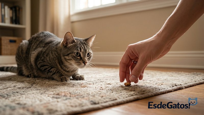 Una mano dejando un pequeño premio de comida cerca de un gato cauteloso
