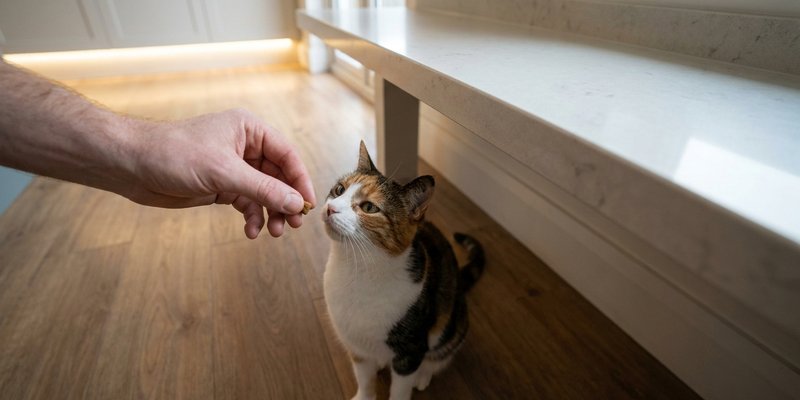 Mano ofreciendo un premio a un gato en el suelo con la encimera despejada