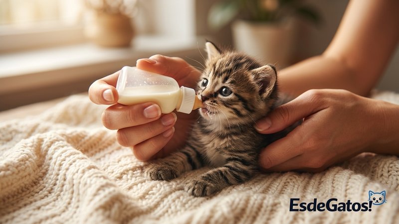 Unas manos alimentando con un pequeño biberón a un gatito apoyado sobre su barriguita, con mucho cuidado