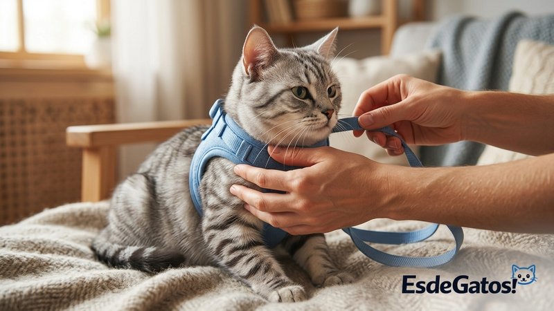 Unas manos colocando con suavidad un arnés a un gato tranquilo dentro de casa, ajustándoselo sin apretar