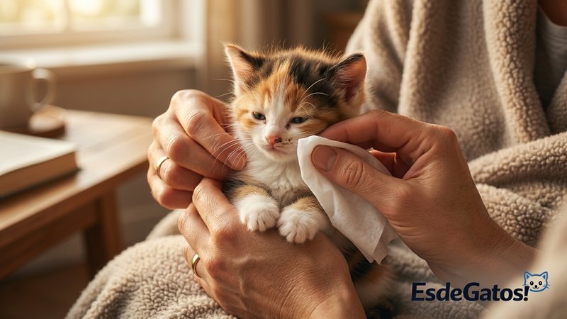 Unas manos limpiando con cuidado a un gatito pequeño con una toallita húmeda, en casa