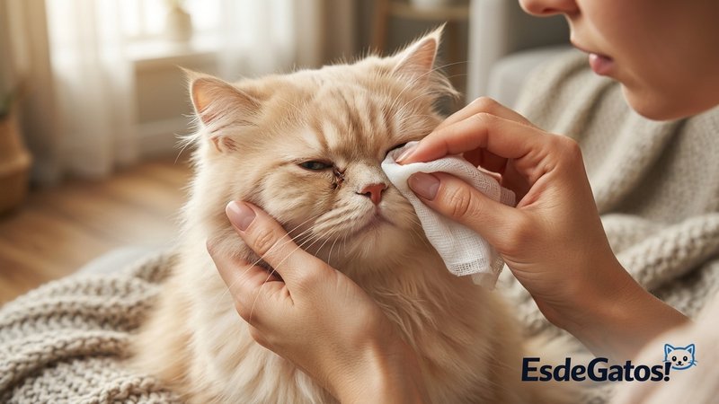 Unas manos limpiando con delicadeza el lagrimeo de los ojos de un gato persa con una gasa húmeda, en casa