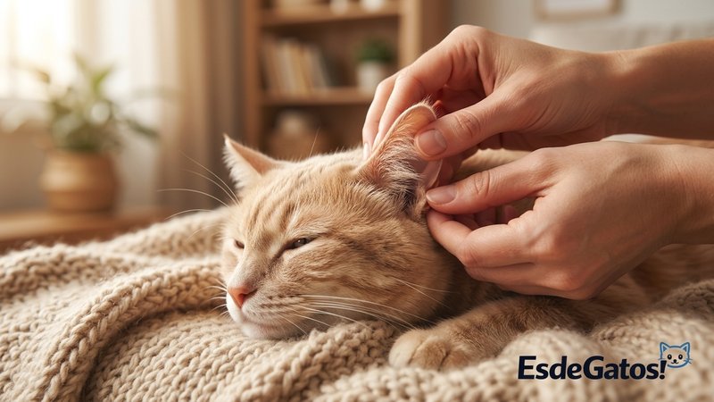 Unas manos masajeando con suavidad la base de la oreja de un gato que se deja hacer relajado, en casa