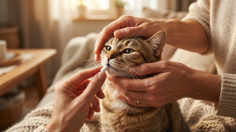 Unas manos sujetando con delicadeza la cabeza de un gato desde arriba para darle una pastilla, en casa
