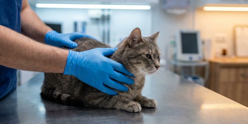 Manos de veterinario apoyadas con calma sobre un gato relajado