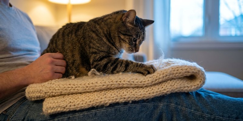 Manta doblada sobre las piernas con un gato amasando encima