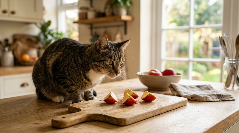 Un gato atigrado curioso observando de cerca varios trozos de manzana roja sobre la tabla de una cocina cálida y luminos
