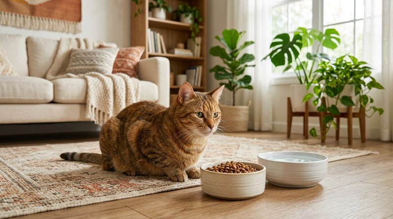 Un gato tranquilo junto a su cuenco de comida y un bol de agua fresca sobre el suelo de un salón luminoso, luz natural s