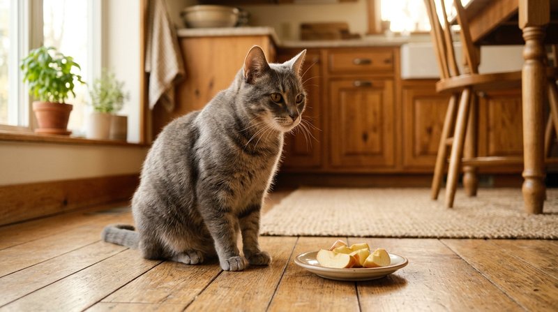 Un gato gris sentado junto a un platito con trocitos de manzana en el suelo de una cocina luminosa, mirándolos con calma