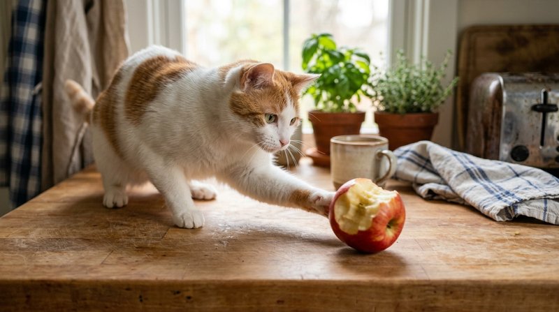 Un gato blanco y naranja dando toquecitos con la pata a media manzana que rueda sobre la encimera de una cocina cálida,