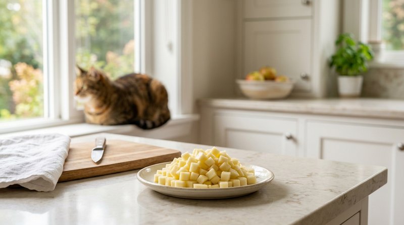 Un pequeño plato con daditos limpios de pulpa de manzana pelada sobre una encimera de cocina luminosa y ordenada, con un