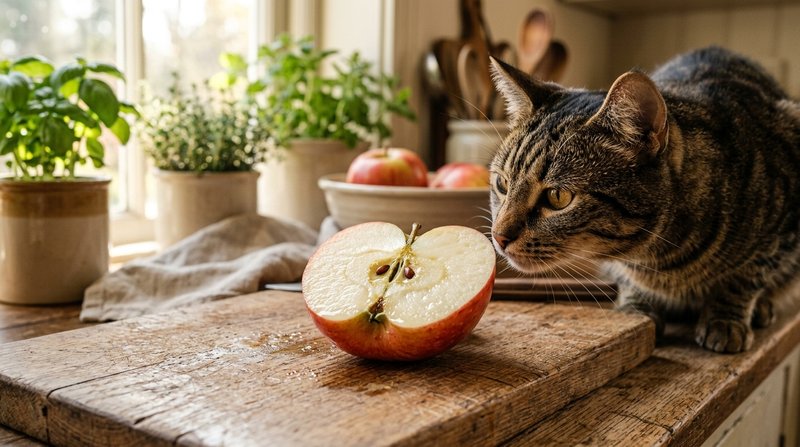 Media manzana partida mostrando su pulpa jugosa sobre una tabla de madera rústica, con un gato observando de cerca en un