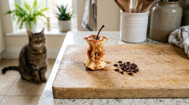 Un corazón de manzana con sus semillas oscuras apartado a un lado de una tabla de madera clara en una cocina luminosa, c