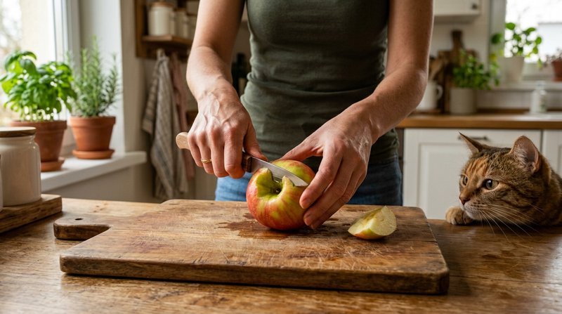 Unas manos retirando con cuidado el corazón y las pepitas de una manzana sobre una tabla de madera en una cocina cálida