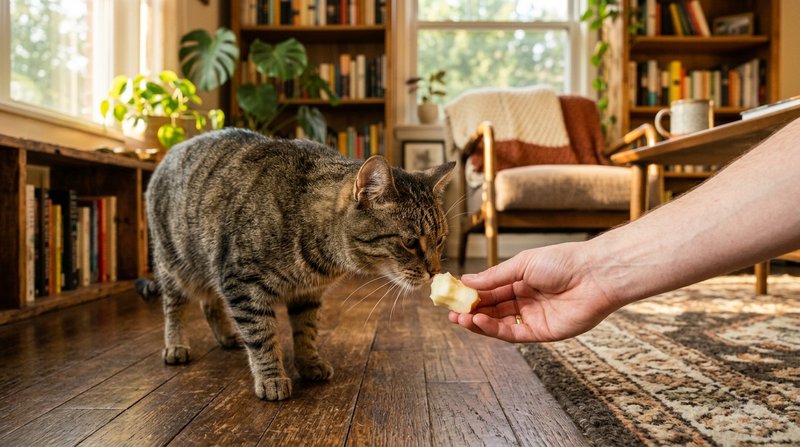 Un gato atigrado oliendo con delicadeza un pequeño dadito de manzana pelada que le ofrece una mano en un salón cálido y