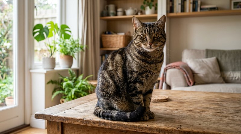 Un gato adulto de mediana edad, robusto y de pelo brillante, sentado erguido sobre una mesa de madera, salón luminoso y