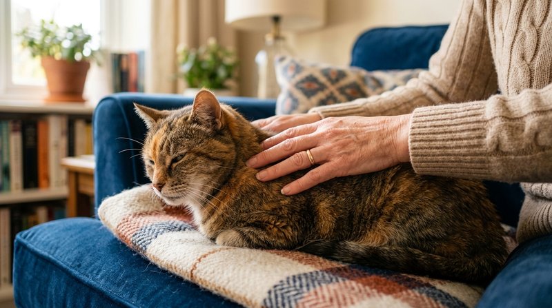 Las manos de una mujer acariciando el lomo de un gato mayor sentado en el sofá, primer plano cálido y detallado, salón h