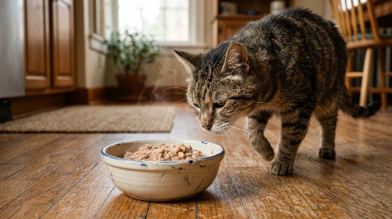 Un cuenco de cerámica con comida húmeda templada sobre el suelo de una cocina y un gato mayor acercándose despacio a ole