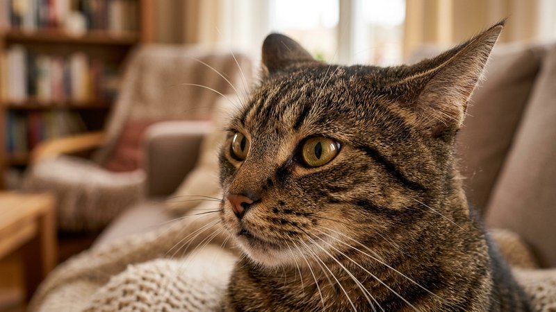 Un primer plano del rostro de un gato en alerta, con las orejas giradas y la mirada tensa hacia un sonido, en una sala h