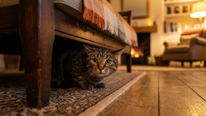 Un gato escondido bajo un mueble que observa con miedo y los ojos muy abiertos hacia fuera, en una sala hogareña y cálid