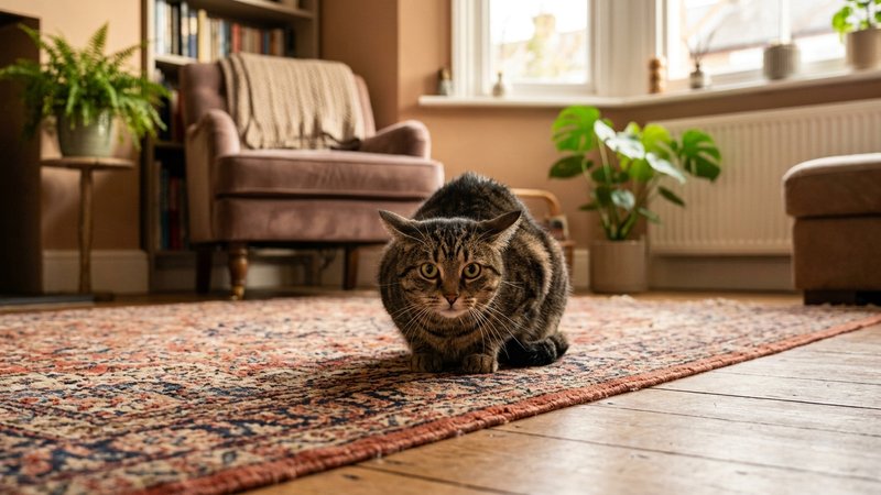 Un gato agachado con las orejas aplastadas hacia atrás en postura defensiva sobre el suelo de un salón hogareño y cálido
