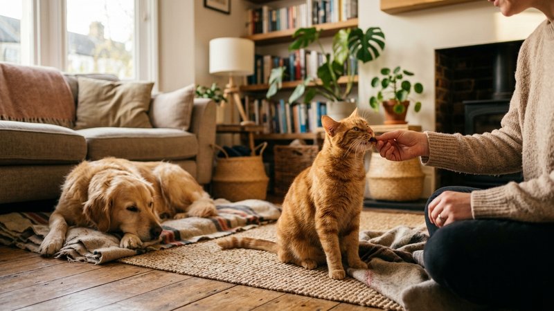 Un gato relajado que recibe un premio de la mano de una persona mientras un perro tranquilo descansa cerca en un salón h