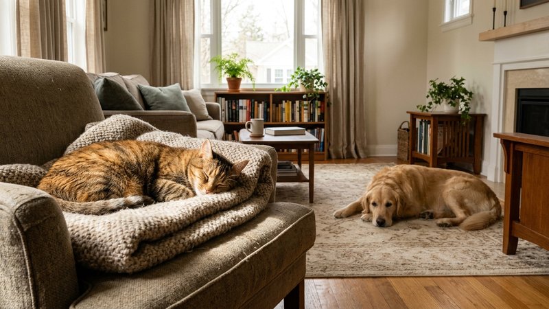 Un gato y un perro compartiendo con calma el mismo salón, el gato descansando relajado en su sitio y el perro echado a c