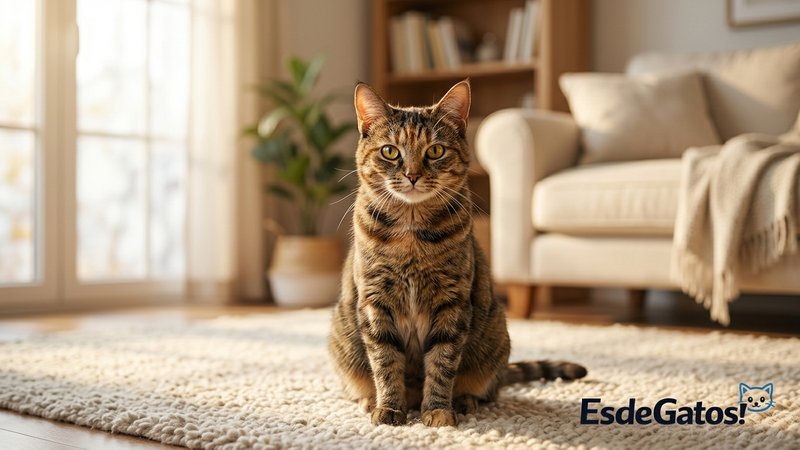 Un gato de pelaje corto sentado con el cuerpo erguido y las orejas hacia adelante mirando fijamente a la cámara en una s