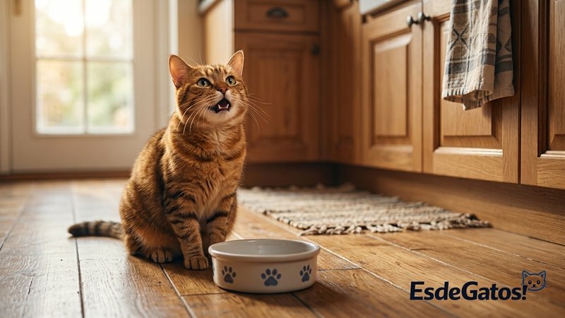 Un gato sentado junto a un plato de comida vacío en el suelo de una cocina hogareña y cálida, mirando fijamente hacia ar
