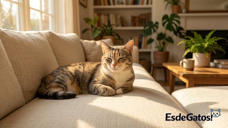 Un gato relajado recostado sobre un sofá de tela clara mirando a su tutor con los ojos entrecerrados y parpadeando lenta