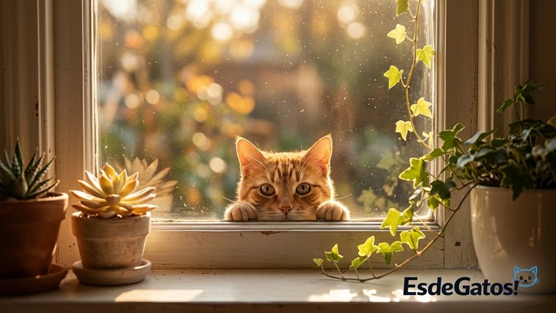 Un gato curioso asomado sobre el marco de una ventana soleada mirando fijamente hacia el interior de la casa, con planta