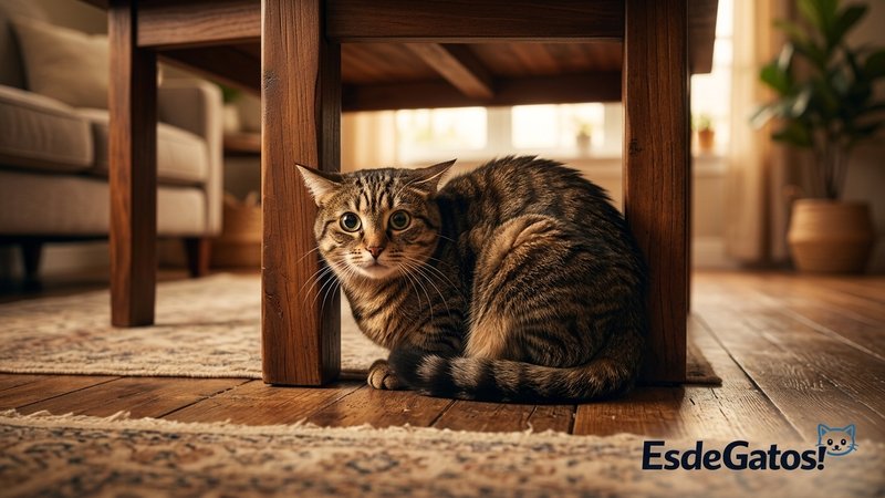 Un gato asustado agazapado y escondido debajo de una mesa de madera en una sala hogareña, con la cola pegada al cuerpo y