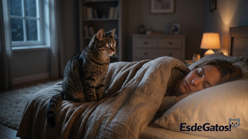 Un gato sentado sobre una cama en un dormitorio cálido y en penumbra suave de noche, mirando fijamente a su tutor que du