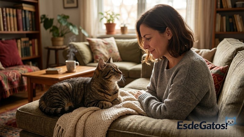 Una persona sentada en el sofá mirando con ternura a su gato relajado que le sostiene la mirada, ambos frente a frente e