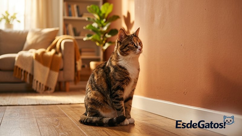 Un gato sentado y muy quieto mirando fijamente hacia una pared en una sala hogareña y cálida, con expresión concentrada