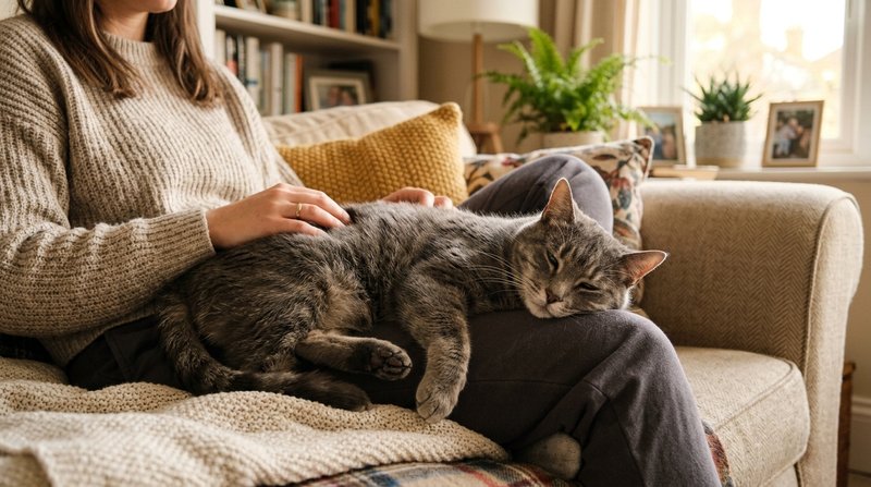 Un gato gris recostado y relajado sobre el regazo de una persona en un sofá, ojos entornados y postura suelta, luz suave