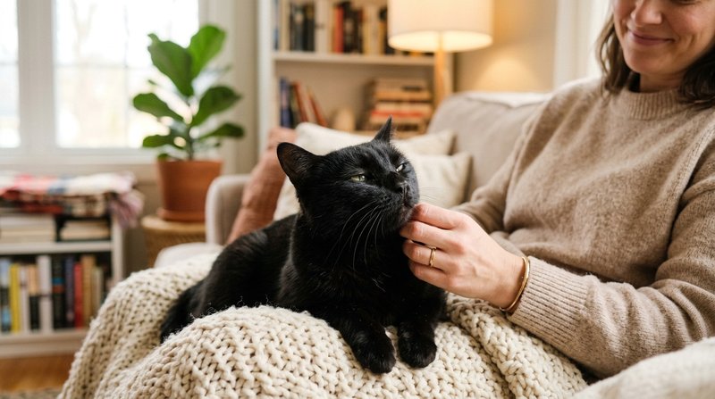 Un gato negro mirando a su dueña con los ojos entornados en un gesto de cariño, primer plano suave, salón acogedor con l