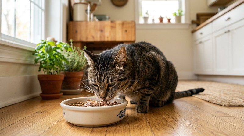 Un gato atigrado comiendo de un cuenco bajo y ancho en el suelo de una cocina luminosa, bigotes bien visibles, ambiente