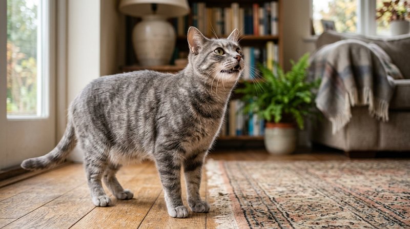 Un gato gris con la boca entreabierta olfateando el aire en un gesto curioso, interior doméstico cálido, luz natural sua