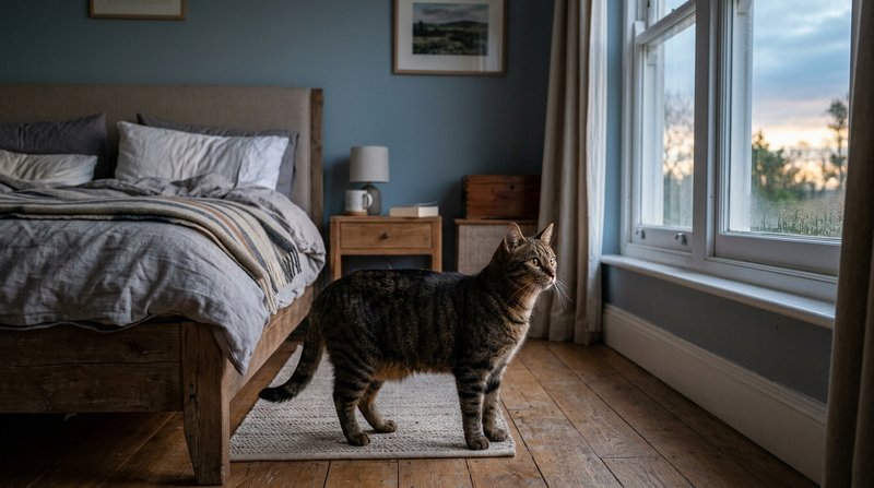 Un gato atigrado despierto y atento junto a la cama de un dormitorio al amanecer, primera luz suave entrando por la vent
