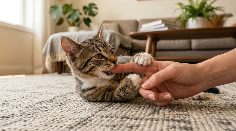 Un gato atigrado joven mordisqueando con suavidad el dedo de una mano humana durante el juego, sin marcas ni heridas, so