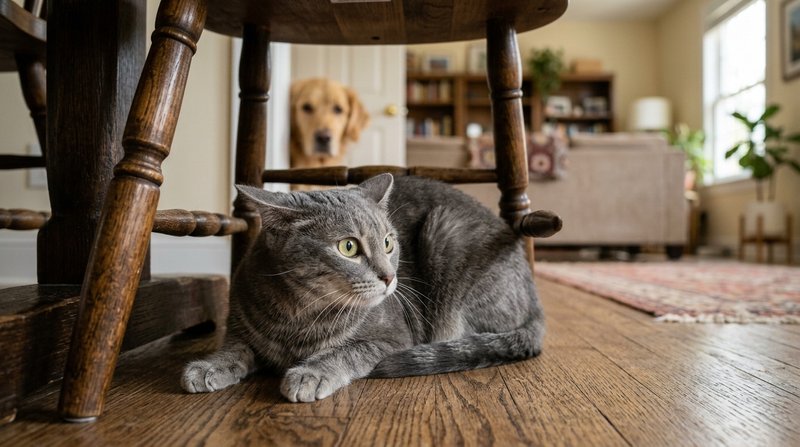 Un gato gris agazapado bajo una silla con las orejas hacia atrás y el cuerpo pegado al suelo, mientras un perro asoma la