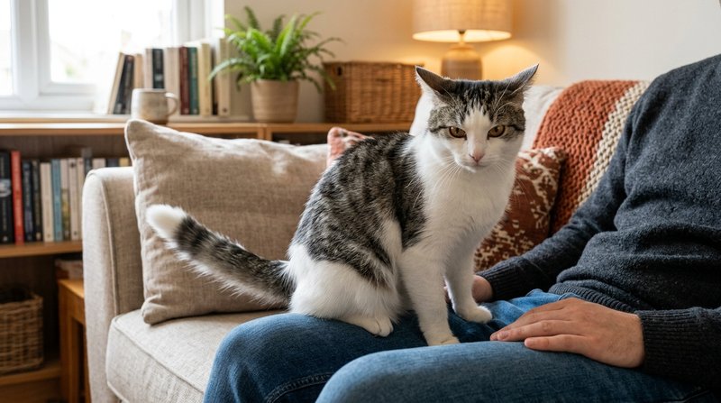 Un gato blanco y gris sentado en el regazo de una persona con la cola golpeando el cojín y las orejas giradas hacia los