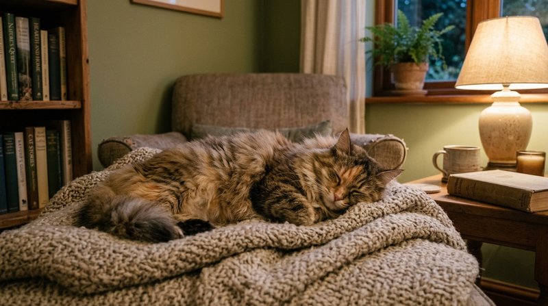 Un gato adulto de pelo largo encogido sobre una manta en un rincón del salón, con las orejas bajas y expresión de incomo