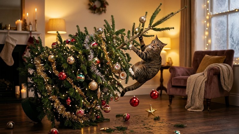 Un árbol de Navidad inclinándose a punto de volcarse mientras un gato asustado se apoya en sus ramas, con algunos adorno