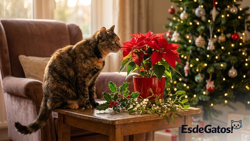 Un gato olfateando con curiosidad una flor de pascua roja junto a ramas de muérdago y acebo colocadas cerca de un árbol