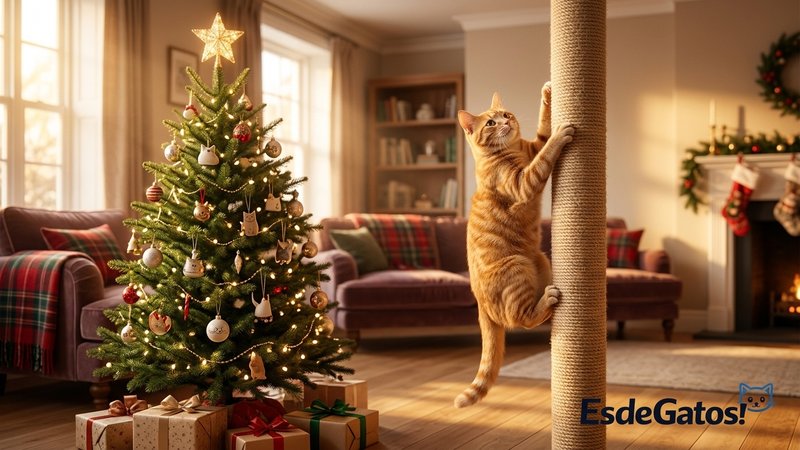 Un gato feliz rascando y trepando por un rascador alto para gatos colocado cerca de un árbol de Navidad, en un salón cál